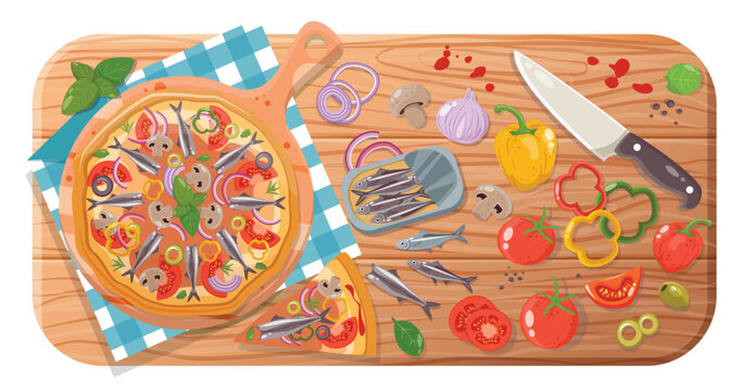 anchovies vegetables Pizza mediterranean recipe constructor illustration dough base on wooden board with sauce and food ingredients for menu design book recipes cooking class Italian cafe pizzeria