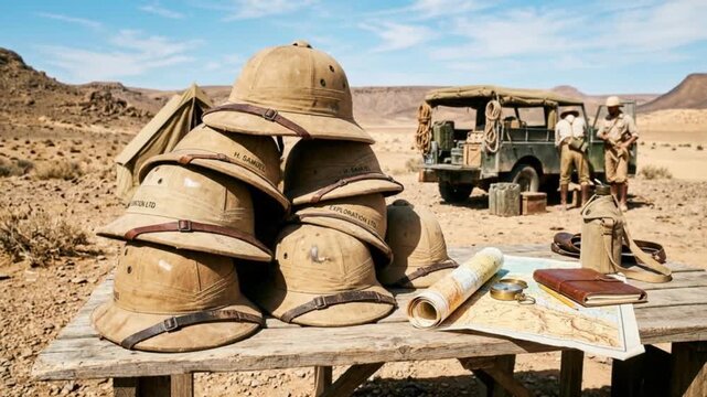 Collection of Old-Fashioned Pith Helmets for Safari Exploration and Adventure