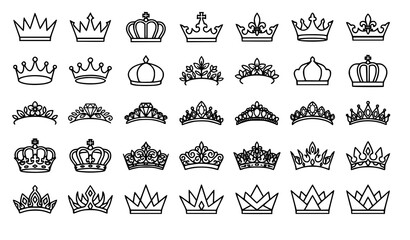 Set of various crown and tiara icons in black and white line art style for royal design © MdArif