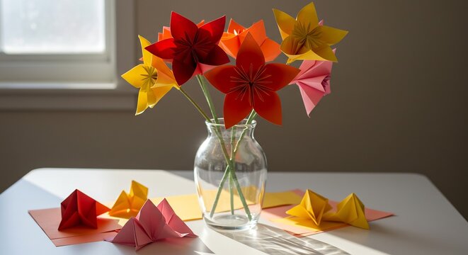Origami Star Flowers in a Vase: A vibrant bouquet of colorful origami star flowers, crafted from paper, are artfully arranged in a glass vase, sitting on a table near a window.