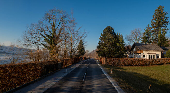 A scenic asphalt road stretching through a peaceful European countryside with bare trees, trimmed hedges, and a charming house under a clear blue sky on a sunny day.