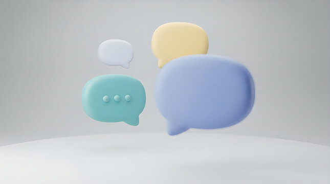3D speech bubble icons in pastel colors on a blue background, concept of communication, social media chat, message, or online discussion