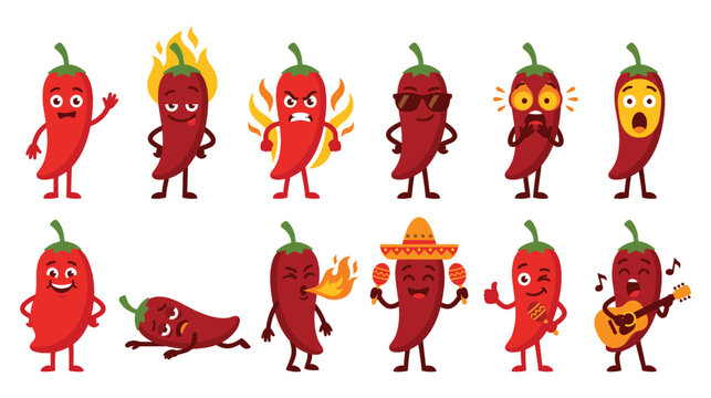 Set of cute cartoon chili pepper characters with various expressions.