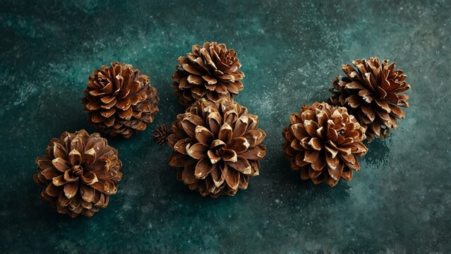 Modern design featuring bunch of pine cones on green surface - Generative AI