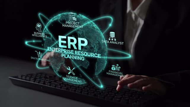 ERP platform visual showing centralized system for enterprise resource planning, improving integration, data flow, business efficiency, finance, inventory, and human resources. Muxer