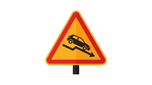 Steep hill warning sign. Road traffic symbol indicating a dangerous downward slope ahead.