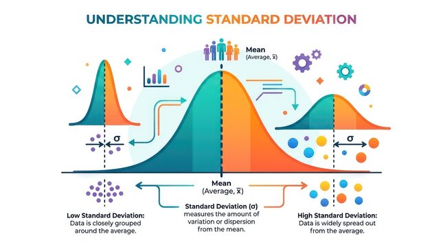 Standard deviation bell curve infographic. Statistical distribution and data analysis chart.