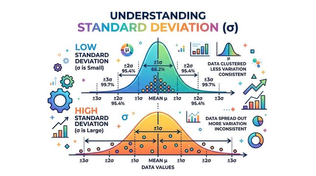 Standard deviation bell curve infographic. Statistical data analysis and probability chart.