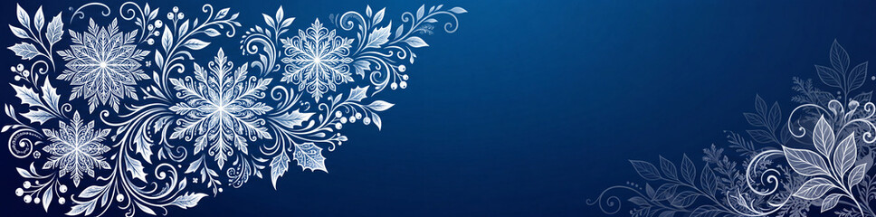 Obraz premium Elegant Winter Holiday Banner with Detailed White Snowflakes and Swirling Floral Foliage on a Deep Blue Background