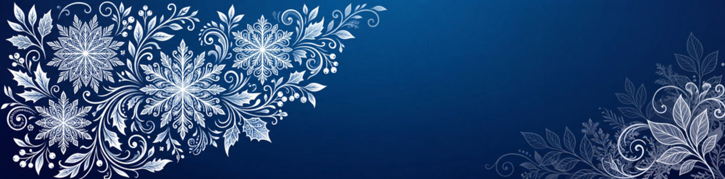 Elegant Winter Holiday Banner with Detailed White Snowflakes and Swirling Floral Foliage on a Deep Blue Background