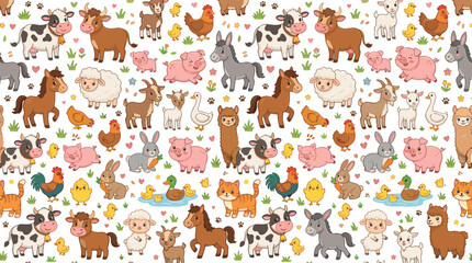 Fototapeta premium Cute farm animal seamless pattern vector featuring cows, horses, pigs, sheep, goats, chickens, ducks, rabbits, donkeys, and playful countryside characters