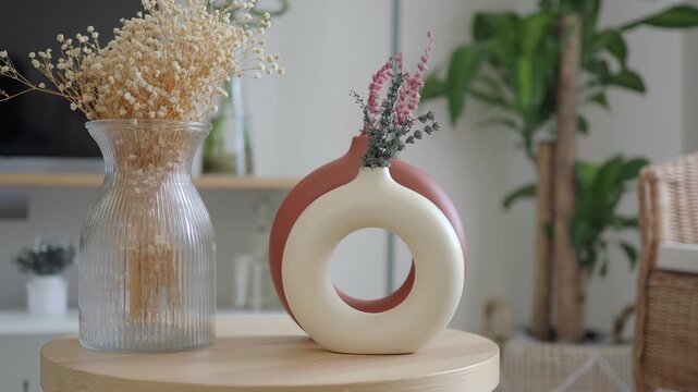 Decorative vases with flowers in a modern living room