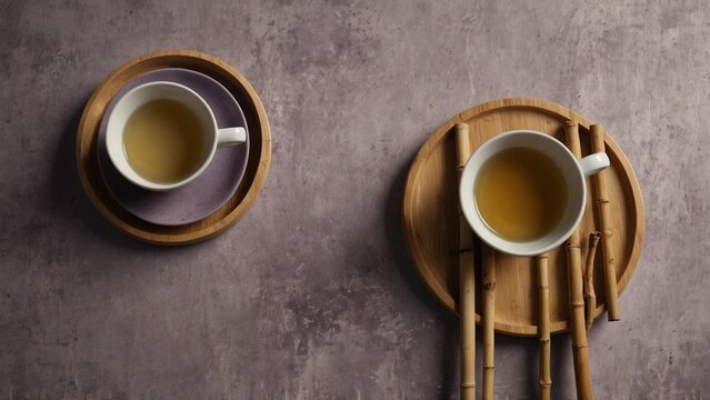 Generative AI illustration: two cups of tea sit on wooden tray with detailed texture