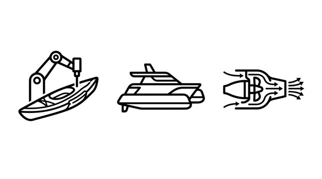 Industrial boat manufacturing and propulsion engineering icons with manufacturing propulsion industry industrial robotics technology engineering automation production nautical shipbuilding