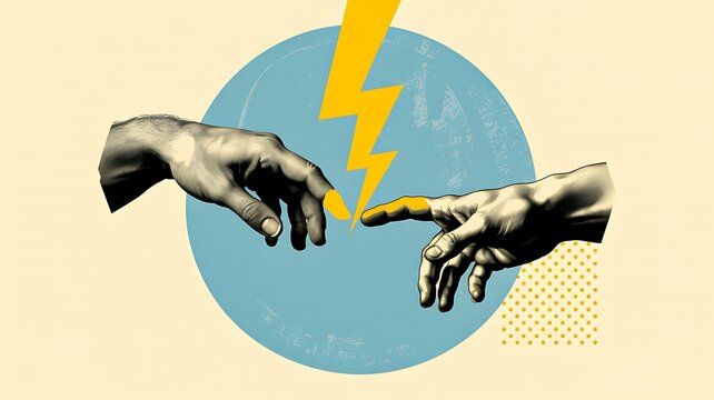 Hands reaching toward each other with lightning symbol representing communication conflict and social disconnection