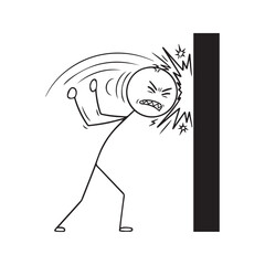 Fototapeta premium Stick figure cartoon illustration of a frustrated person banging their head against a wall, representing stress, anger, and despair 