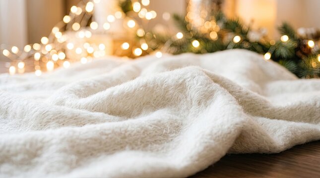Cozy winter home scene with a soft white blanket and festive Christmas bokeh lights.