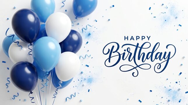 Festive happy birthday greeting card with blue and white balloons and confetti.
