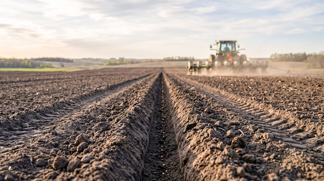 Tractor working in plowed field during sunset representing sustainable ESG agriculture