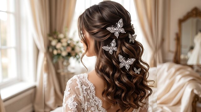 Bride with butterfly hair accessories. Elegant bridal hairstyle with curls and jewelry.