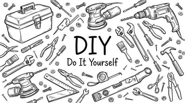 Hand drawn DIY do it yourself power tools and hardware frame set featuring drill sander toolbox and hammer