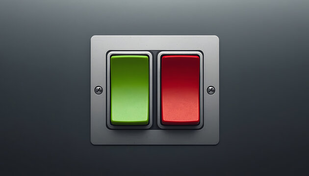 A double light switch panel with one green and one red button. Concept for making binary choices.