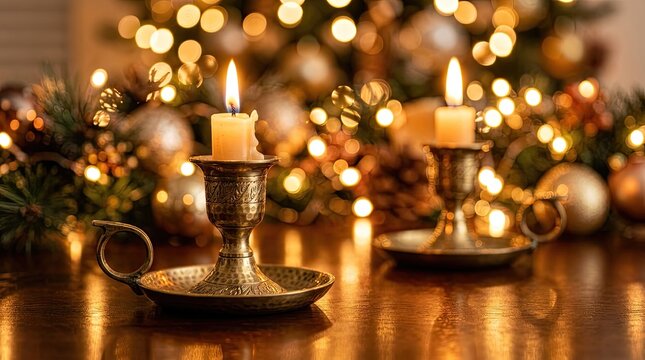 Christmas candles in vintage holders burning on a table with festive bokeh lights background.