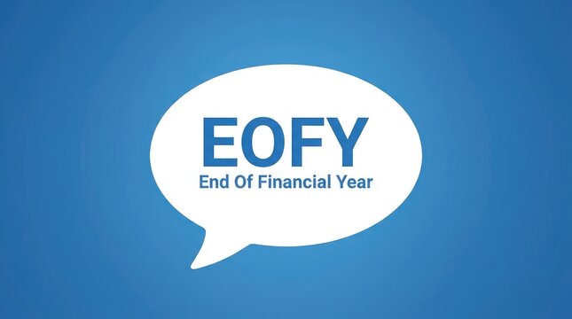 End of financial year announcement speech bubble graphic design template with bold text indicating white color scheme modern blue white clean speech