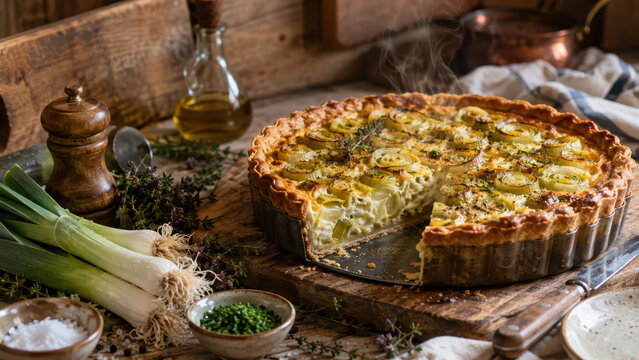 Savory vegetable quiche with leeks and herbs displayed on a rustic wooden table, surrounded by fresh ingredients, including green onions, herbs, and bowls of salt and chopped chives