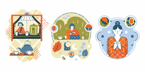 Fototapeta premium Tea Ceremony Scenes Modern Flat Illustration With Geometric Shapes