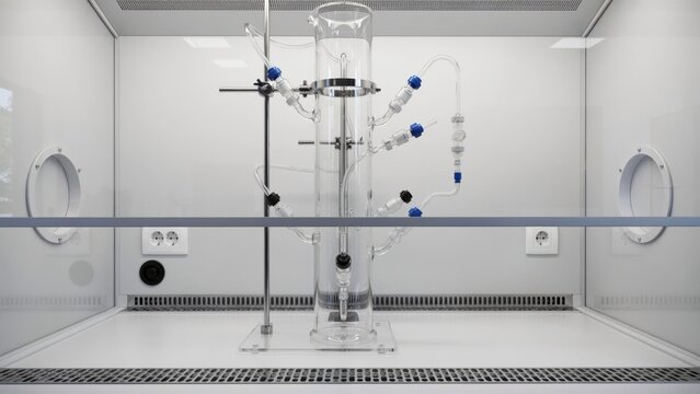 Glass column reaction apparatus setup inside lab biosafety fume hood