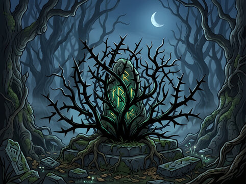 Ancient glowing runestone surrounded by black silhouette thorny bushes in a dark spooky forest under a crescent moon at night
