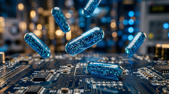 Floating capsule hovering over advanced circuit board with glowing background with blurred lights creating high tech ambiance illuminated vibrant blurred