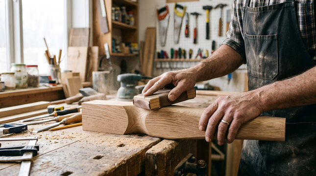 Craftsman hand sanding a wooden table leg using a sanding block in woodworking workshop