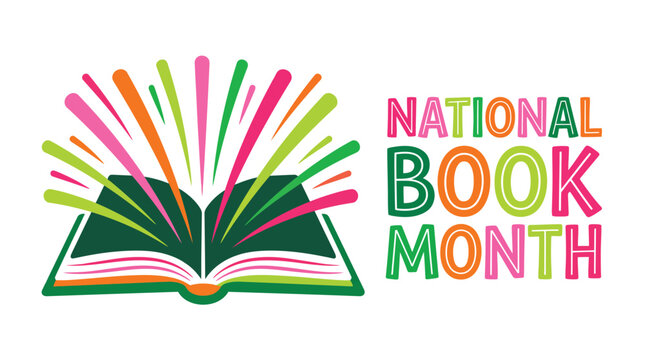 National Book Month logo with colorful book and text on white background celebrating reading