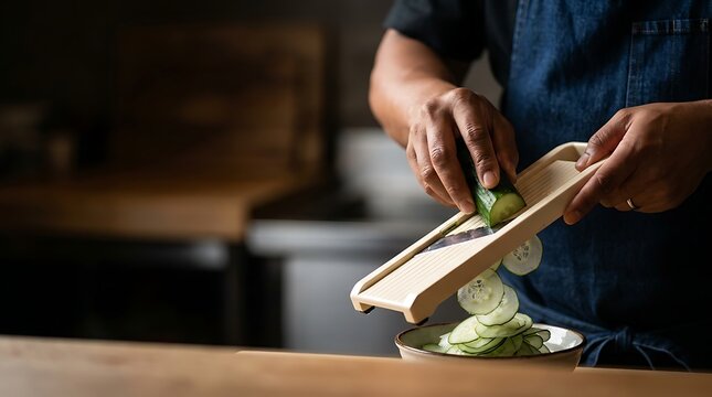 Chef using a mandoline slicer to cut fresh green cucumber slices