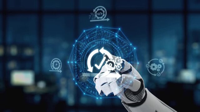 A futuristic robot hand interacts with a holographic data interface, showcasing advanced technology and automation concepts in a modern office environment at night. Synapse
