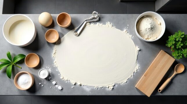 Overhead View of Baking Preparation Flour, Ingredients, and Utensils Arranged on a Kitchen Countertop