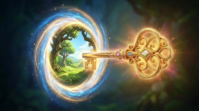 Ornate key opening fantasy portal.