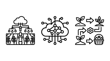 Fototapeta premium Smart farming and digital agriculture outline icon set with agriculture technology automation irrigation optimization industry development efficiency software production internet solution