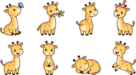 Cute giraffe cartoon vector illustration collection featuring sitting, standing, sleeping, running and playful safari animal character poses isolated on white background © Yevhenii creative