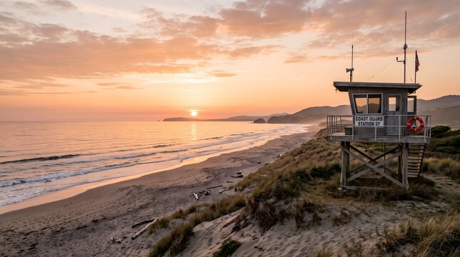 Coastal Rescue Watchtower Overlooking the Ocean During Peaceful Sunset