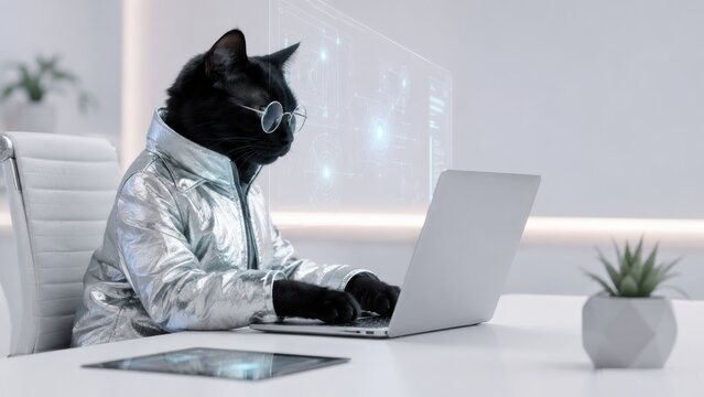 black cat wearing glasses and a shiny jacket works on a laptop in a modern office setting with digital interface graphics in the background.