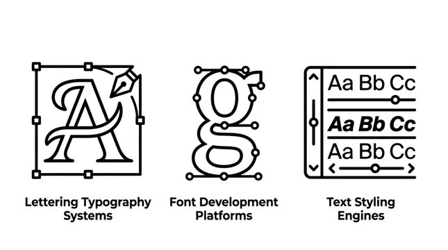Typographic design systems font development and text styling tools icons with typography lettering development software interface typesetting creative branding production professional