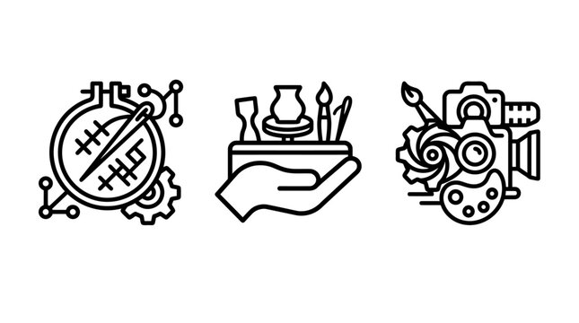 Creative craft and manufacturing process line icons set with manufacturing embroidery photography production creative industry handmade business creation professional technique equipment