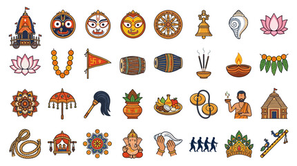 Fototapeta premium Set of colorful icons representing traditional Indian religious festivals and cultural symbols.