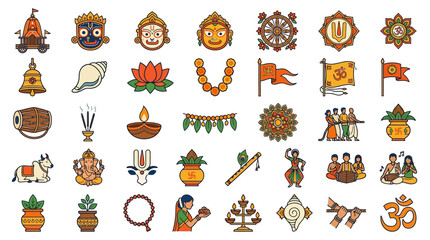 Fototapeta premium Set of colorful flat icons representing various Hindu religious symbols and cultural traditions.