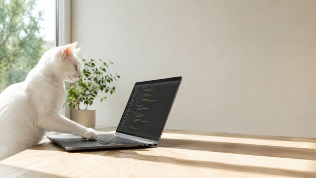 white cat sits at a laptop on a wooden table, seemingly engaged with the code displayed on the screen, with a potted plant in the background.