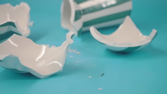 Cup breaks on the floor and tiles scatter everywhere