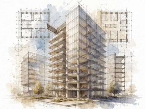 Modern skyscraper architectural design sketch with floor plans
